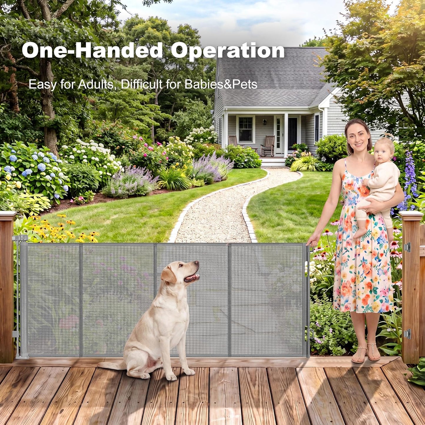 108" Wide Weatherproof Outdoor Retractable Dog Gates Extra Wide with Rust-Proof Stainless Steel Hardware& Waterproof Mesh, Reinforced 9 Ft Extra Long Retractable Baby Gate to Prevent Crawling Through
