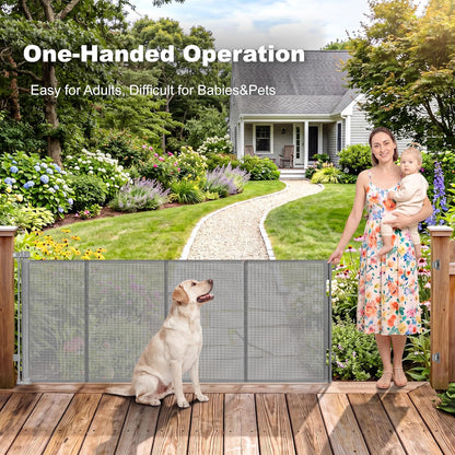 108" Wide Weatherproof Outdoor Retractable Dog Gates Extra Wide with Rust-Proof Stainless Steel Hardware& Waterproof Mesh, Reinforced 9 Ft Extra Long Retractable Baby Gate to Prevent Crawling Through