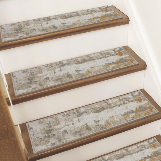 BEQHAUSE Stair Treads for Wooden Steps Non-Slip Machine Washable Carpet Stair Treads 8"X30" Soft Indoor Stair Runner for Kids Elders and Pets, 100% Polyester, TPE Backing, 15pcs, Brown/Grey
