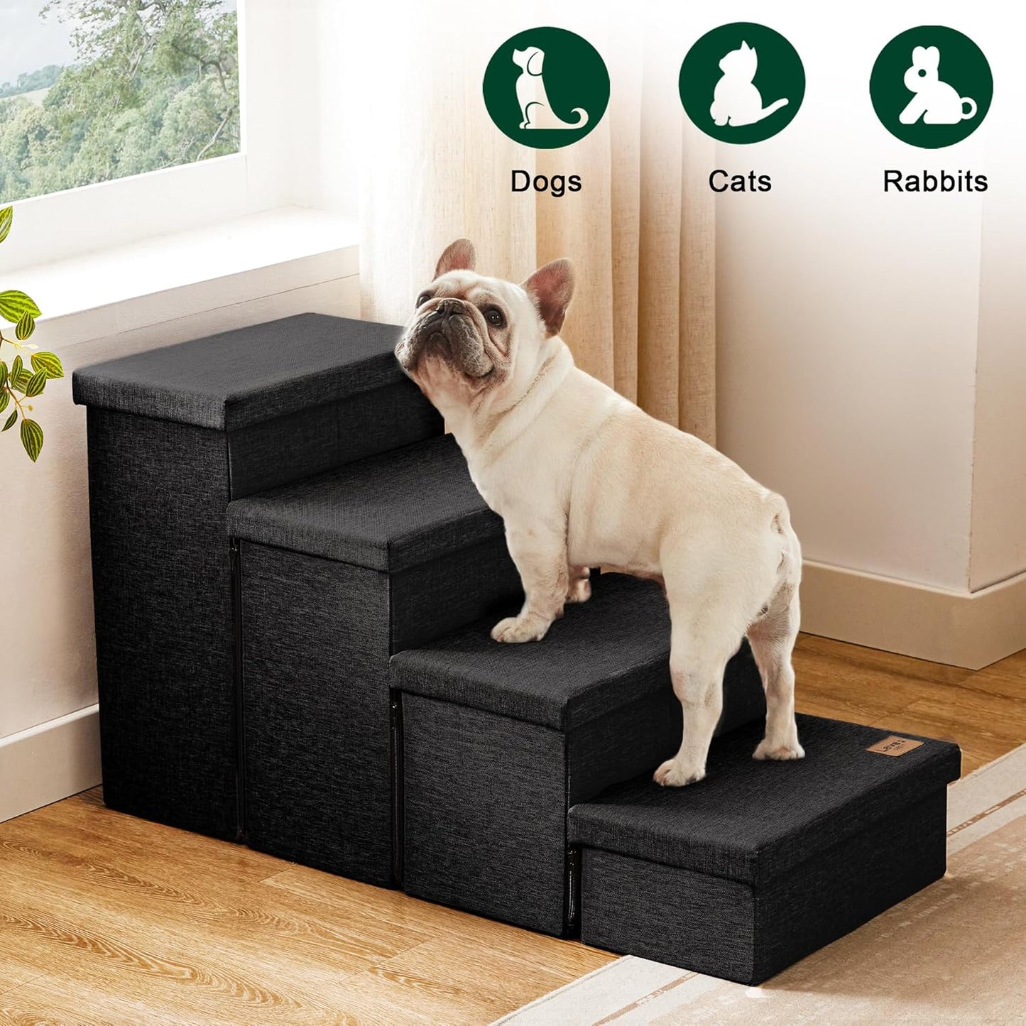 Love's cabin Dog Stairs with Storage 13" H, Foldable Pet Stairs for Small Medium or Large Dogs, Cat Puppy Steps Ramp with Zip up to 150 lbs, Solid Grey, 2 Steps