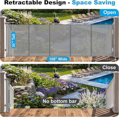 108" Wide Weatherproof Outdoor Retractable Dog Gates Extra Wide with Rust-Proof Stainless Steel Hardware& Waterproof Mesh, Reinforced 9 Ft Extra Long Retractable Baby Gate to Prevent Crawling Through