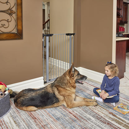 MidWest Homes for Pets 39-Inch High Walk-thru Pressure Mounted Gray Steel Dog Gate, Expands to 38 Inches Wide, No Damage to Walls, Includes 3-inch Extensions, For Small to Medium Pets