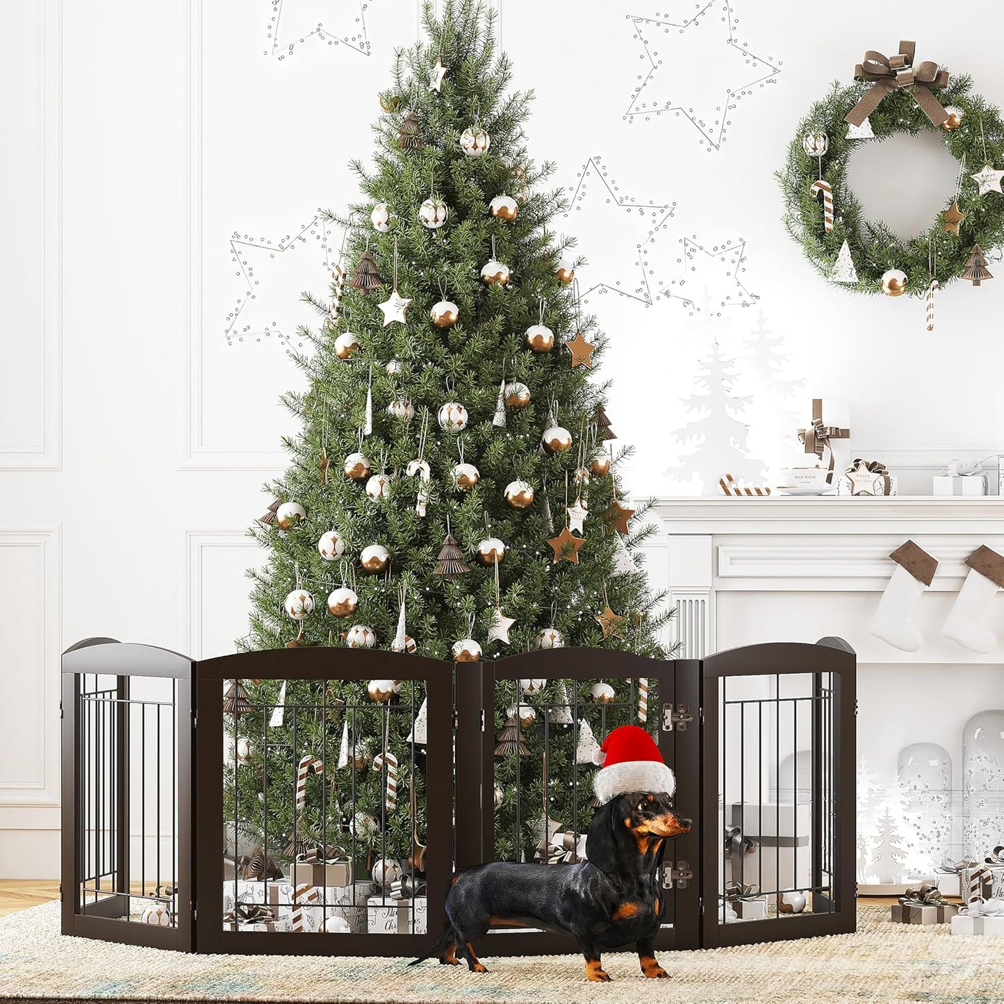 PAWLAND Free Standing Dog Gates for The House Stairs Doorways Indoor Foldable Wooden Small White Puppy Pet Gate Step Over Fence 60" W 24" H 3 Panels