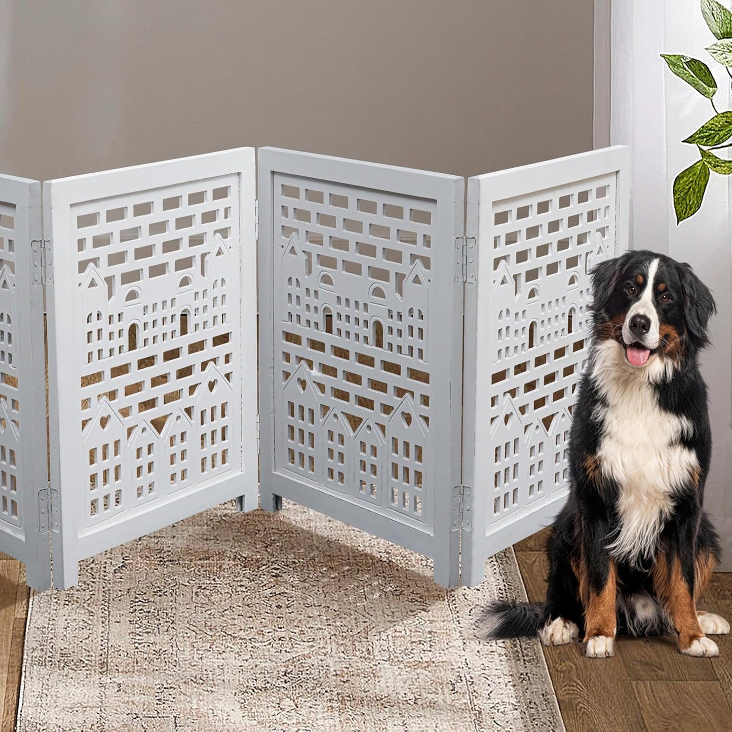 Freestanding Pet Gate for Dogs, Foldable Wooden Dog Gate for House, Indoor Dog Gate for Stair, Doorway, House Design Gates for Dogs Indoor, 72 Inch Wide, (18" x4 Panels 72 inch), Burnt Finish