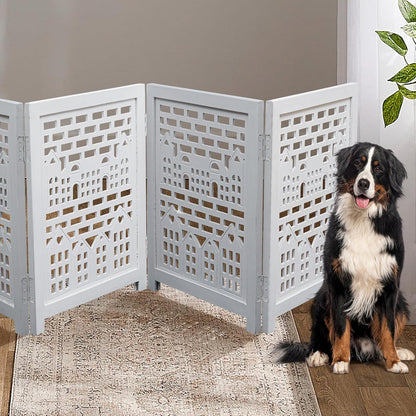 Freestanding Pet Gate for Dogs, Foldable Wooden Dog Gate for House, Indoor Dog Gate for Stair, Doorway, House Design Gates for Dogs Indoor, 72 Inch Wide, (18" x4 Panels 72 inch), Burnt Finish