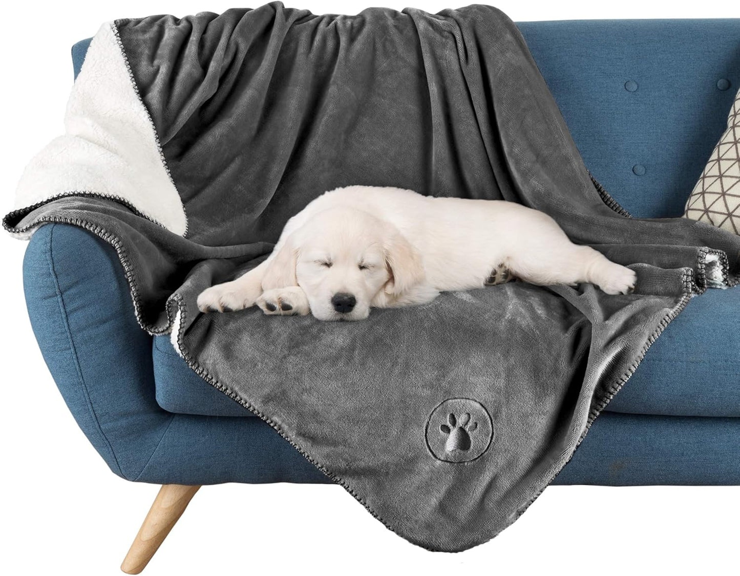 Waterproof Pet Blanket - 50x60-Inch Reversible Sherpa Fleece Throw Protects Couches, Cars, and Beds from Spills, Stains, and Fur by PETMAKER (Gray)