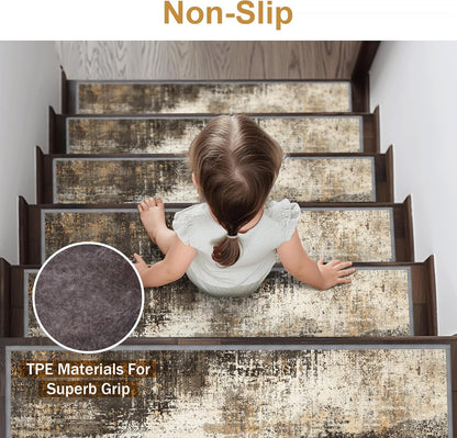 sarben Non Slip Stair Treads for Wooden Steps 15PCS - 8"x30" Indoor Safety Carpet, Edging Mats with TPE Adhesive Backing, Pet and Elderly Friendly Stair Rugs (Taupe) - Colors B
