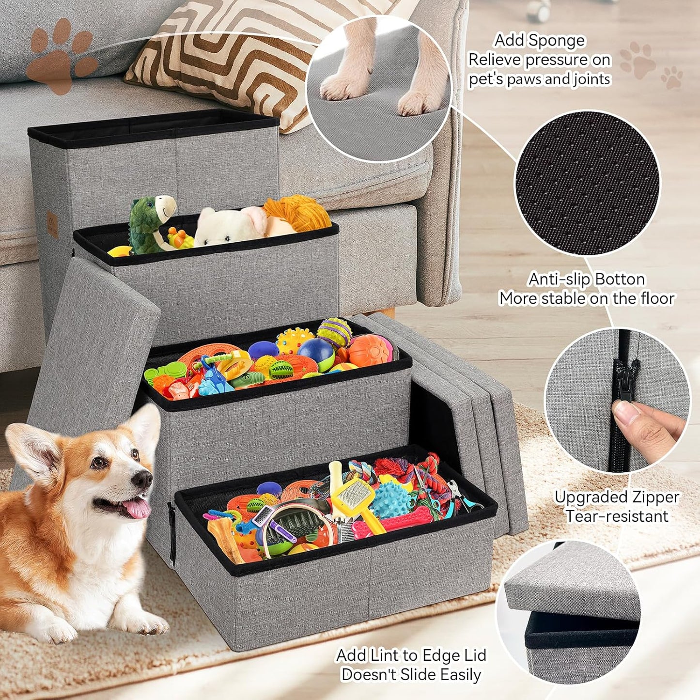 Zerbuger Wider Dog Ramp for High Bed with Storage 18" H, Foldable Dog Stairs for Small Medium Large Older Senior Animal, Sturdy Dog Step for Climbing Bed or Couch, Arthritis-Friendly (Gray, No Condo)