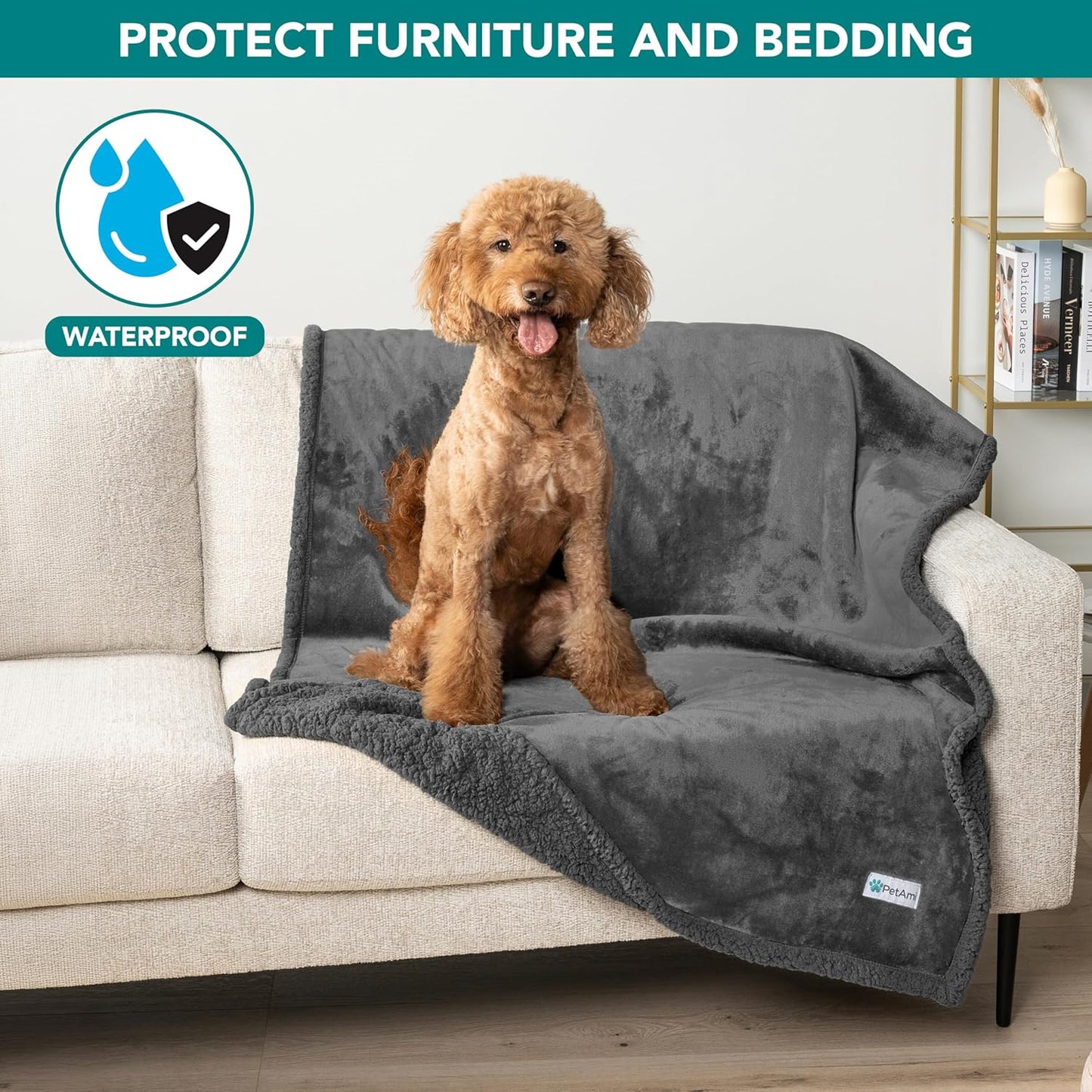 PetAmi Waterproof Dog Blanket for Couch, Large 60x40, Pee Proof Sherpa Fleece Reversible Pet Throw, Furniture Protector for Bed Sofa Kennel, Soft Washable Cover for Medium Dogs Cats, Grey Sherpa