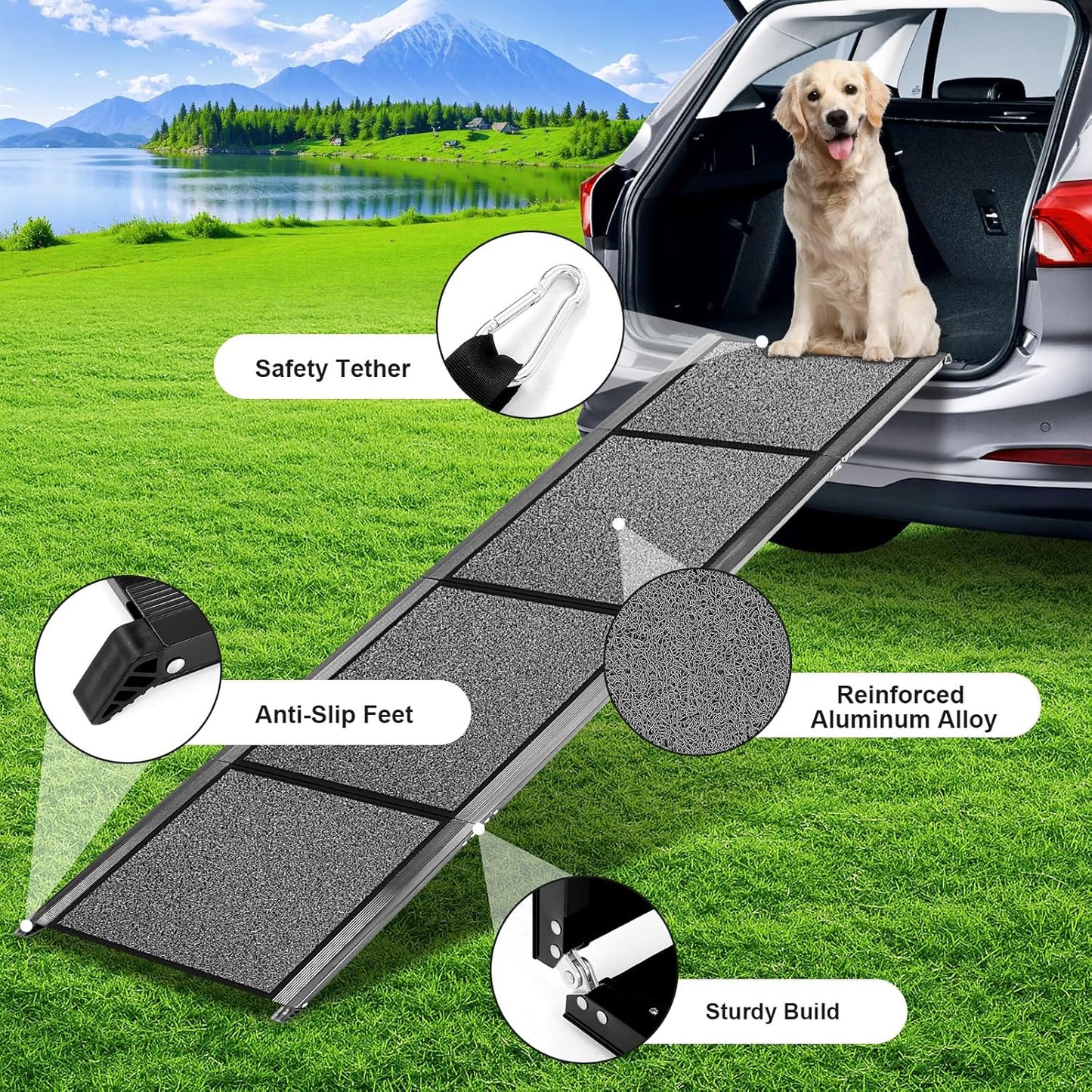 71''x 20'' Dog Ramp for Car, Pet Ramp for Large Dogs Up to 300LBS, Foldable Dog Car Ramp Stairs Steps with Waterproof & Non-Slip Rug Surface for Truck, SUV, Indoor & Outdoor(Wire Loop Fabric)