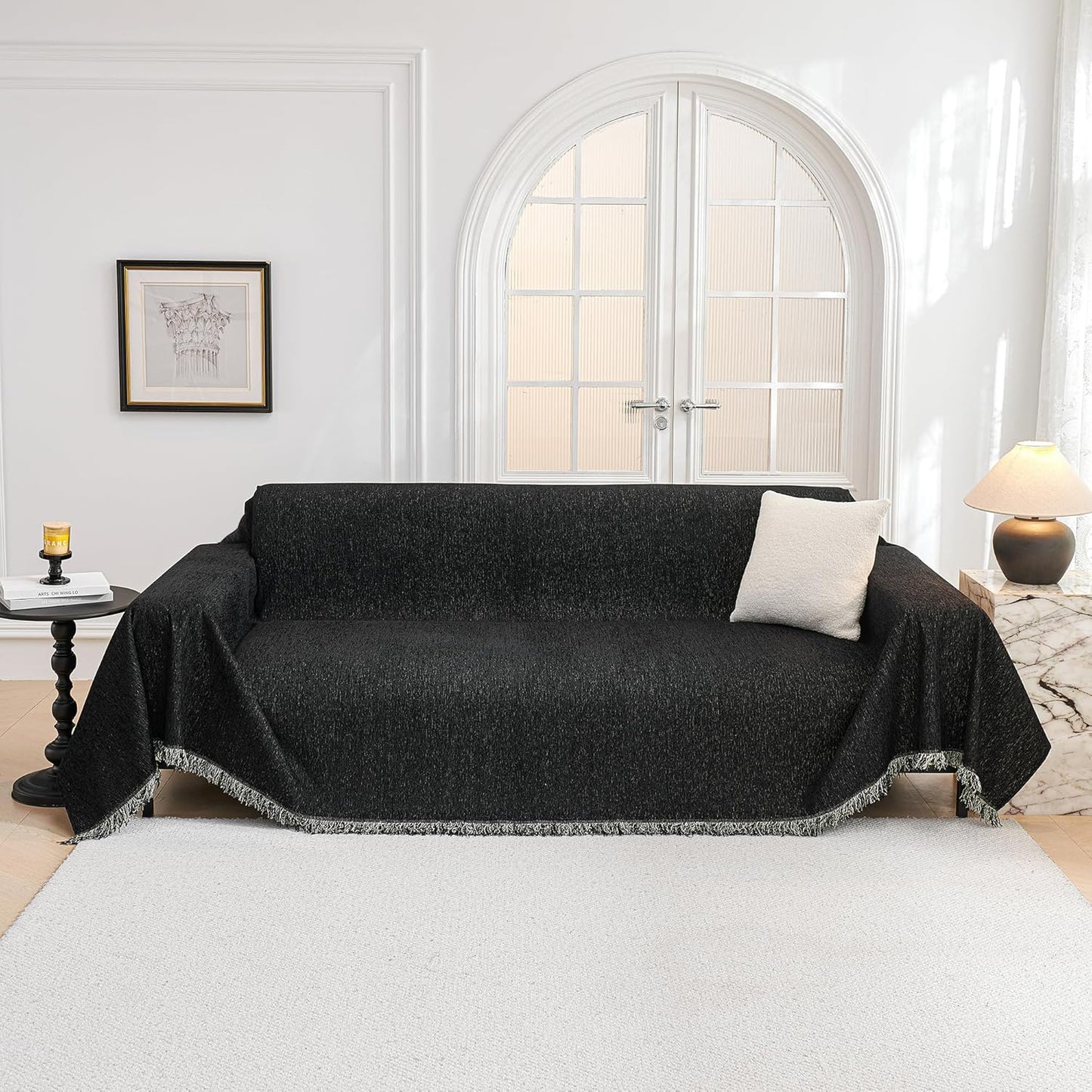 MYSKY HOME Couch Cover for Dogs, Washable Couch Covers, Non Slip Sofa Cover, Couch Cover 2 Cushion Sofa Dogs Furniture Protector with Tassels, Chenille Sofa Slipcover for Pets, 71"x118", Dark Grey