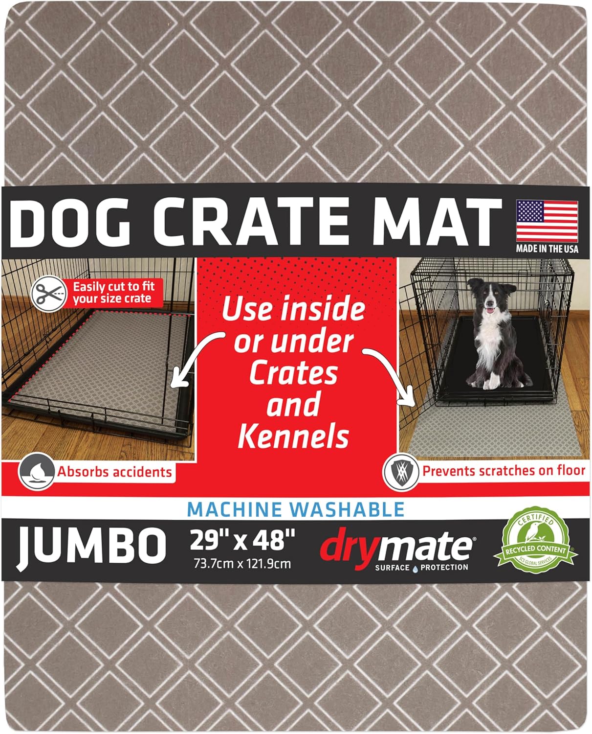 Drymate Dog Crate Mat Liner, Absorbs Urine, Waterproof, Non-Slip, Washable Puppy Pee Pad for Kennel Training - Use Under Pet Cage to Protect Floors, Thin Cut to Fit Design (USA Made) (LGrey)(29"x48")
