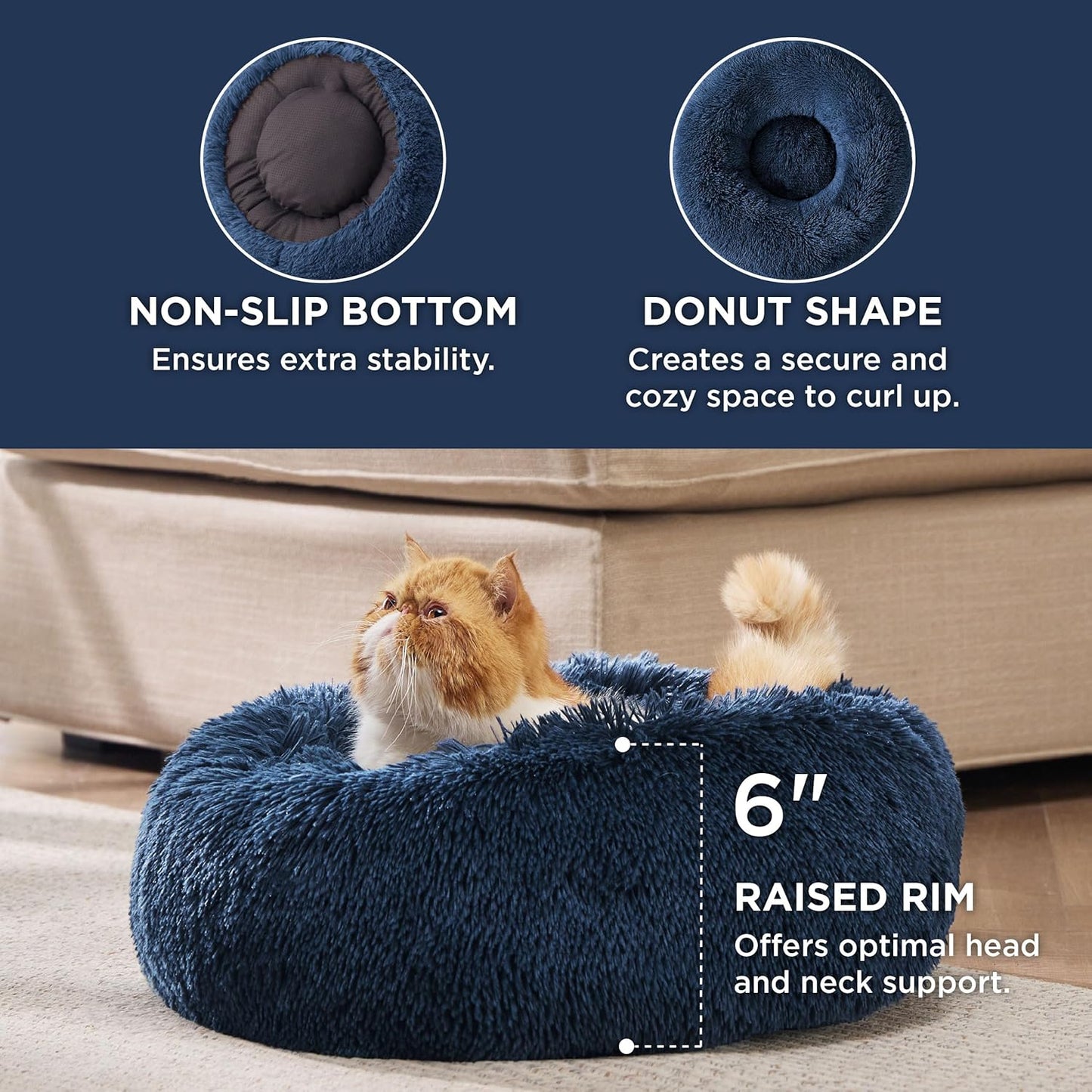 Bedsure Calming Dog Bed Medium Size Dog - Donut Washable Medium Pet Bed, 30 inches Anti-Slip Round Fluffy Plush Faux Fur Cat Bed, Fits up to 45 lbs Pets, Camel