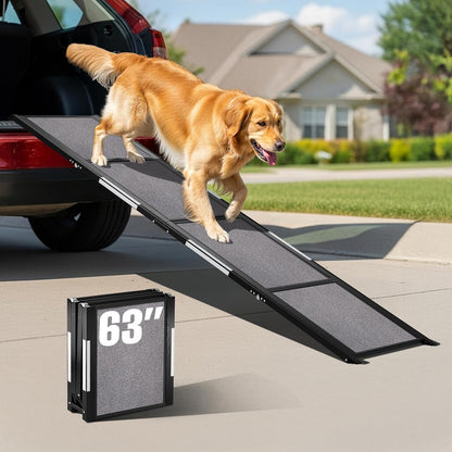 Portable Dog Ramp for Car – Foldable Dog Car Ramp for Truck, SUV, High Bed & Sofa with Anti-Slip Feet & Traction Carpet – Small to Large Breeds (63" Long & 17" Wide)