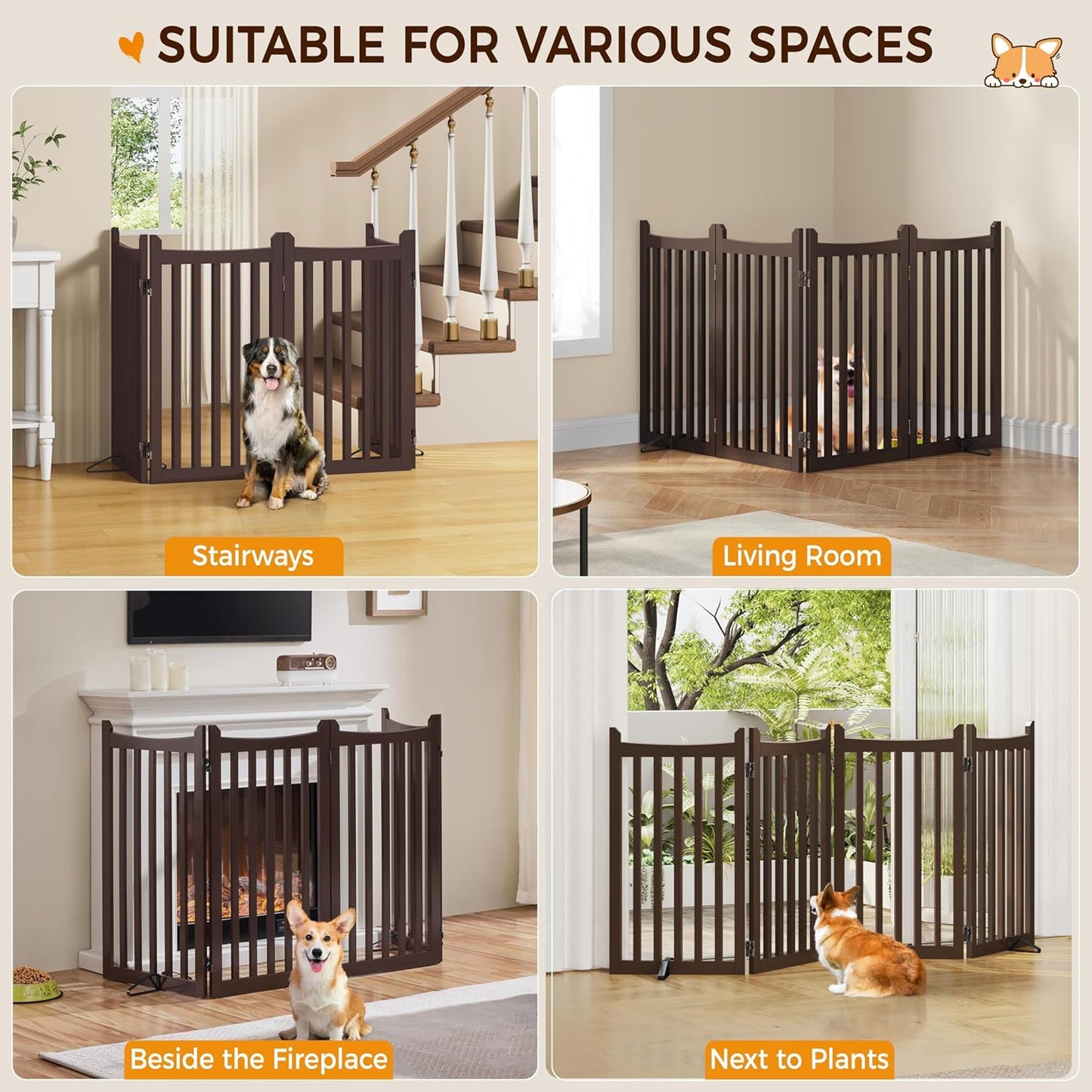 Yaheetech 36" H Extra Tall Freestanding Pet Gate 4-Panel Wooden Dog Fence with 2 Support Feet Folding Dog Gate for Indoor, Stairs, Doorways, Halls, Kitchen Wooden Pet Barrier White, 79.5" L x 36" H