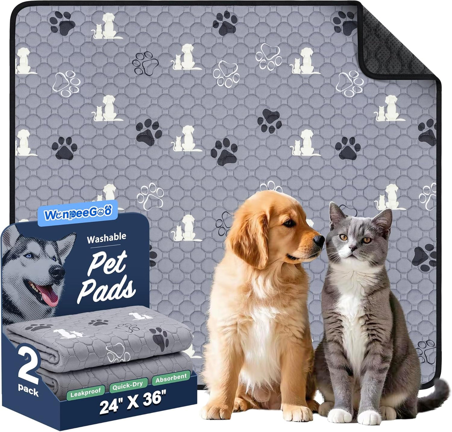 WanpeeGoo Washable Pee Pads for Dogs, 4 Pack Absorbent Reusable Training Dog Pads Pet Puppy Pads, Non-Slip Potty Pads for Whelping, Playpen, Crate, Bed, Grey 18"x24"