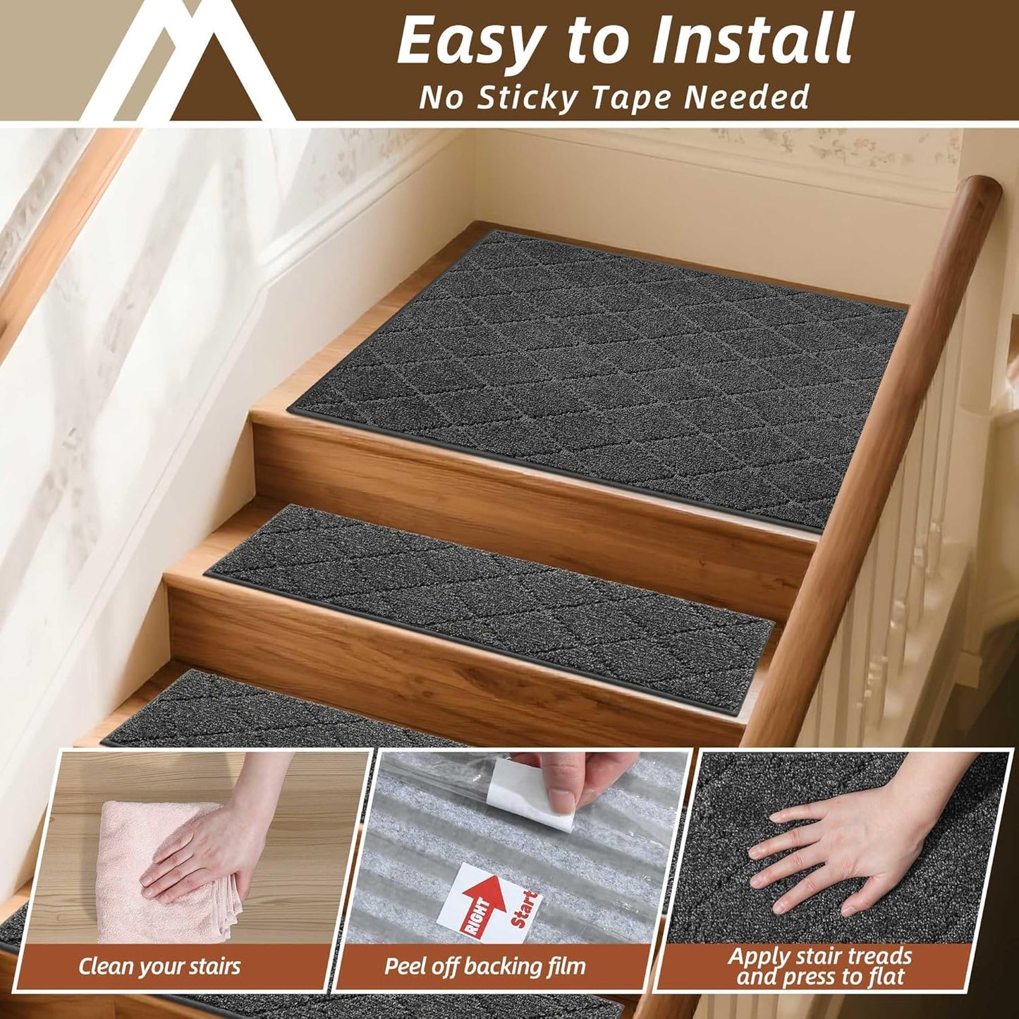 COSY HOMEER Edging Stair Treads Non-Slip Carpet Mat 28inX9in Indoor Stair Runners for Wooden Steps, Edging Stair Rugs for Kids and Dogs, 100% Polyester TPE Backing (7pc, Beige)