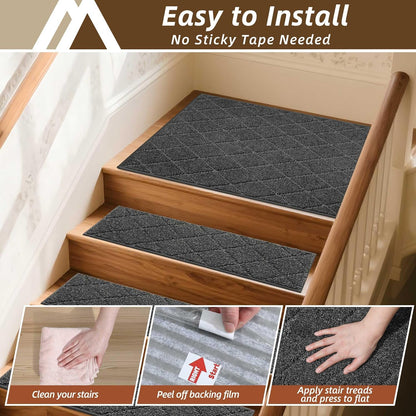 COSY HOMEER Edging Stair Treads Non-Slip Carpet Mat 28inX9in Indoor Stair Runners for Wooden Steps, Edging Stair Rugs for Kids and Dogs, 100% Polyester TPE Backing (7pc, Beige)