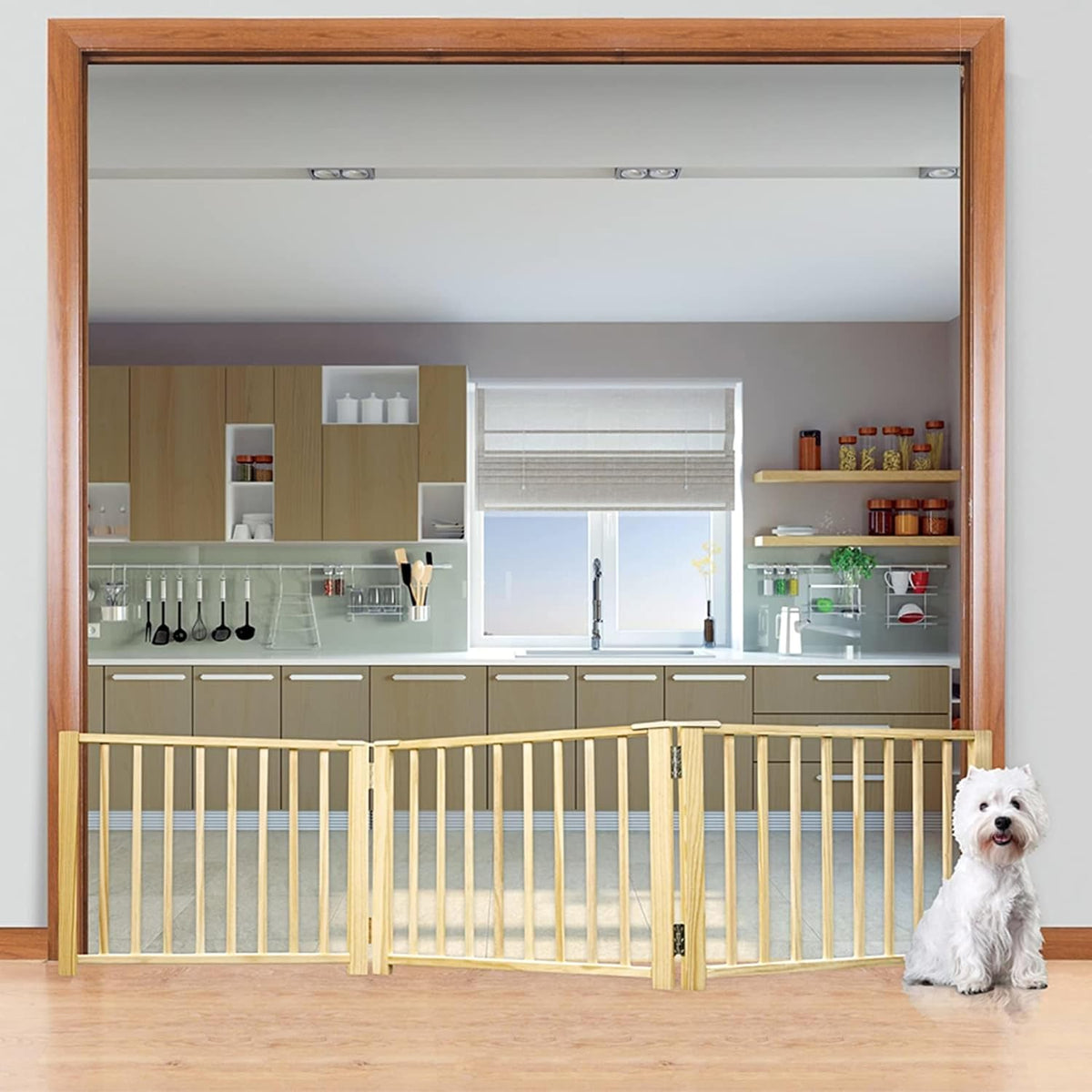 Expandable Dog Gate, Wood Gate for Dogs, 3-Panel 24-68" W x 17" H
