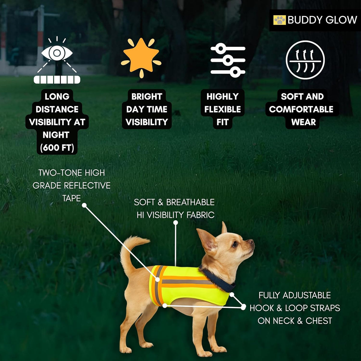 Reflective Dog Vest. High Visibility Yellow Safety Vest for Outdoors. Safeguard Your Dog with Easy to wear Adjustable and Breathable Reflective Gear (Large)