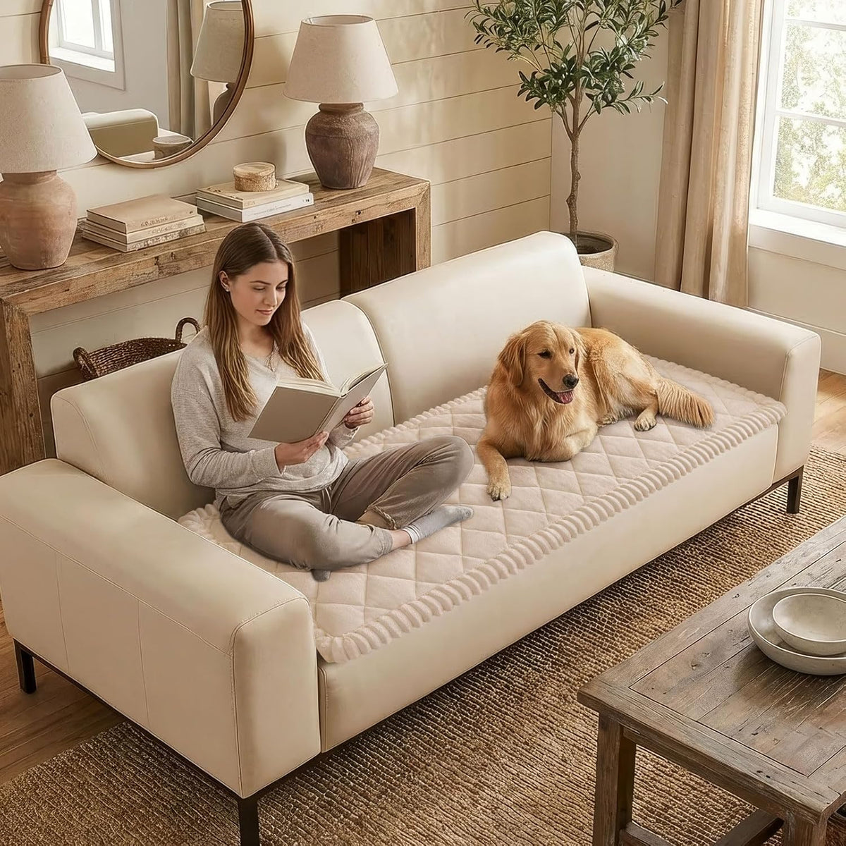 Non Slip Couch Cover for Dogs, Fuzzy Plush Pet Sofa Protector | Washable Furniture Cover for Large Dogs & Cats, Scratch & Dirt Resistant, For 2 Cushion Couch, Grey, 27.6"x59"
