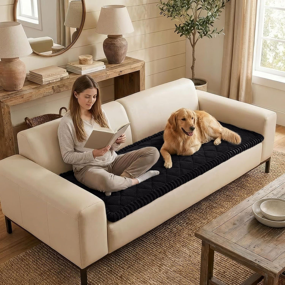 Non Slip Couch Cover for Dogs, Fuzzy Plush Pet Sofa Protector | Washable Furniture Cover for Large Dogs & Cats, Scratch & Dirt Resistant, For 2 Cushion Couch, Grey, 27.6"x59"