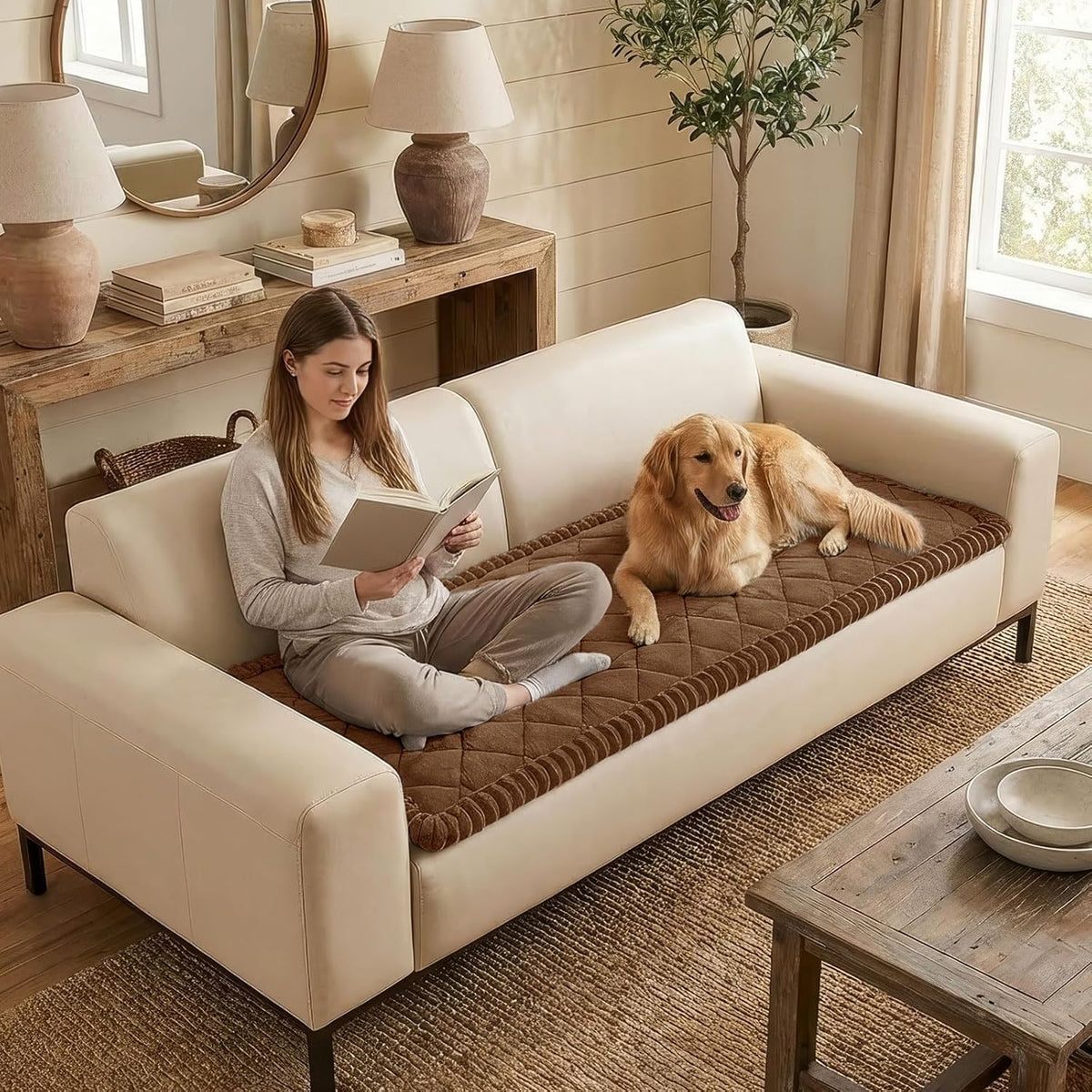 Non Slip Couch Cover for Dogs, Fuzzy Plush Pet Sofa Protector | Washable Furniture Cover for Large Dogs & Cats, Scratch & Dirt Resistant, For 2 Cushion Couch, Grey, 27.6"x59"