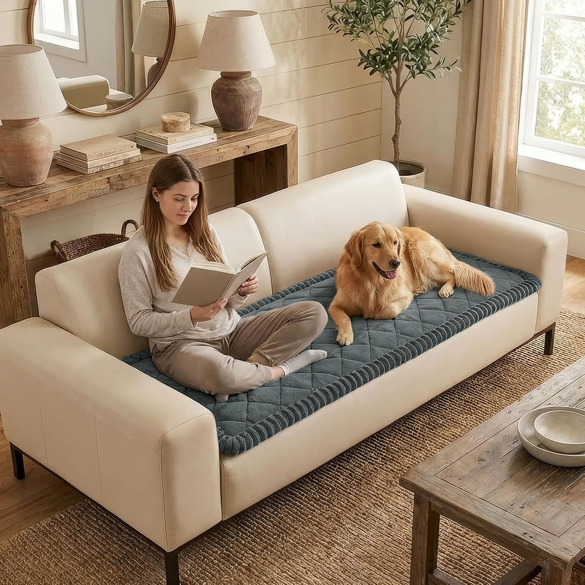 Non Slip Couch Cover for Dogs, Fuzzy Plush Pet Sofa Protector | Washable Furniture Cover for Large Dogs & Cats, Scratch & Dirt Resistant, For 2 Cushion Couch, Grey, 27.6"x59"