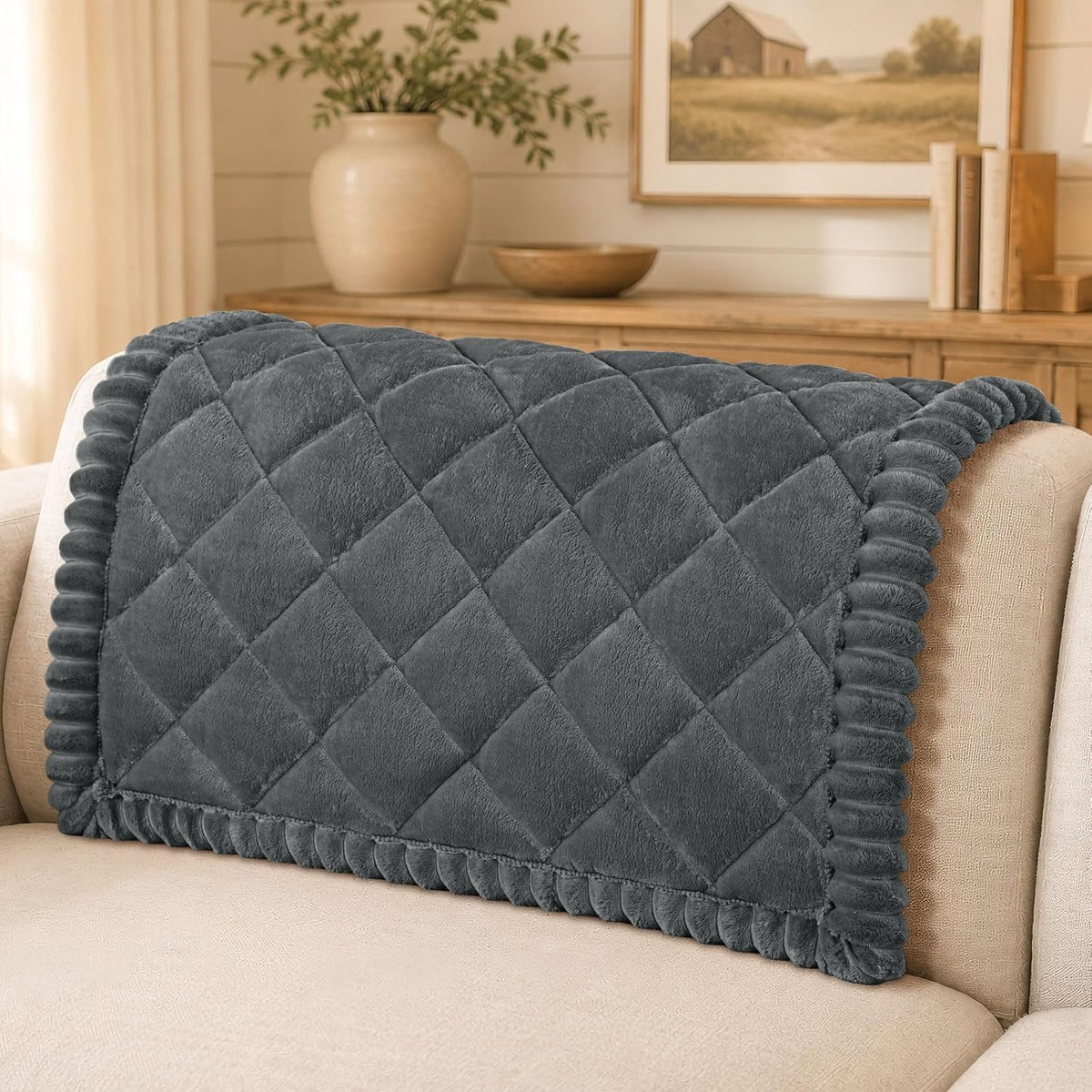 Non Slip Couch Cover for Dogs, Fuzzy Plush Pet Sofa Protector | Washable Furniture Cover for Large Dogs & Cats, Scratch & Dirt Resistant, For 2 Cushion Couch, Grey, 27.6"x59"
