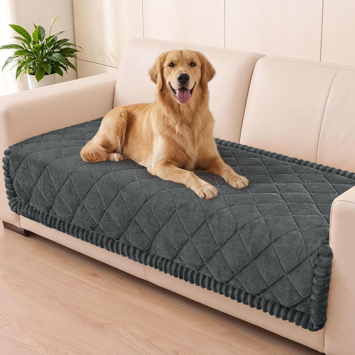 Non Slip Couch Cover for Dogs, Fuzzy Plush Pet Sofa Protector | Washable Furniture Cover for Large Dogs & Cats, Scratch & Dirt Resistant, For 2 Cushion Couch, Grey, 27.6"x59"
