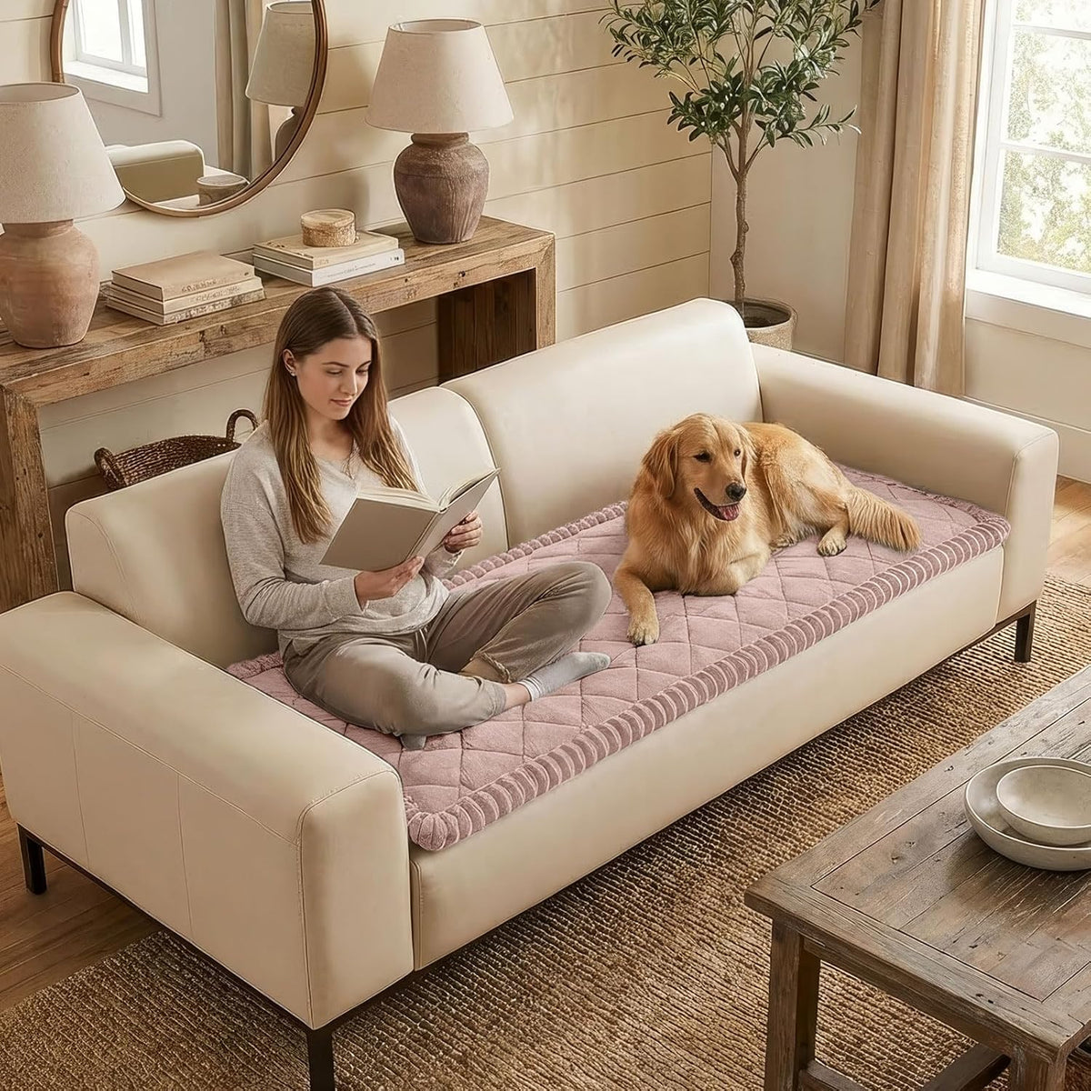 Non Slip Couch Cover for Dogs, Fuzzy Plush Pet Sofa Protector | Washable Furniture Cover for Large Dogs & Cats, Scratch & Dirt Resistant, For 2 Cushion Couch, Grey, 27.6"x59"