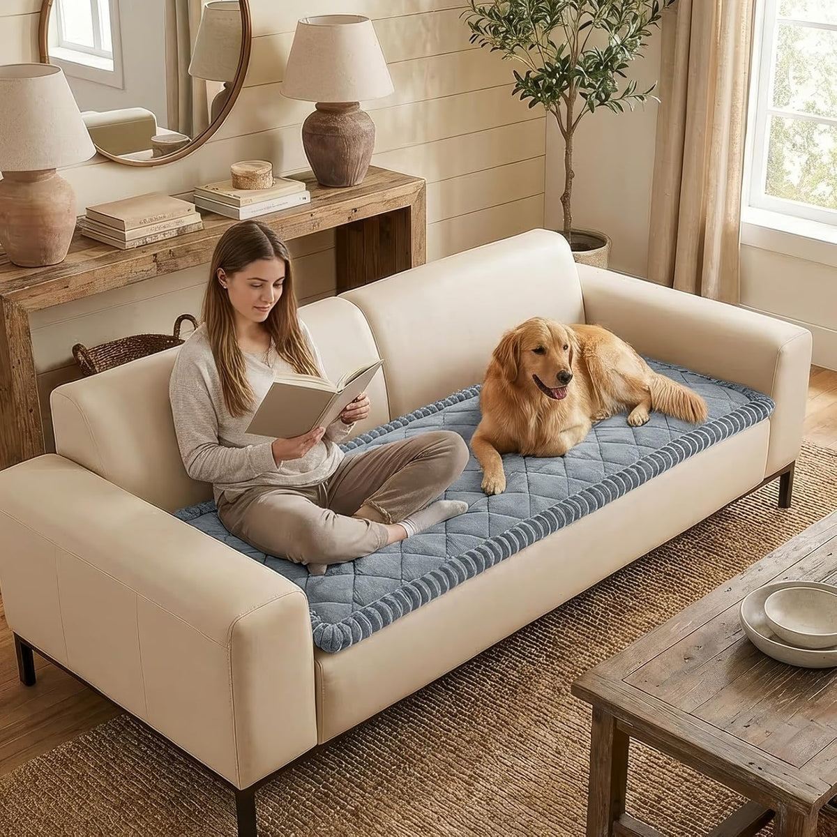 Non Slip Couch Cover for Dogs, Fuzzy Plush Pet Sofa Protector | Washable Furniture Cover for Large Dogs & Cats, Scratch & Dirt Resistant, For 2 Cushion Couch, Grey, 27.6"x59"