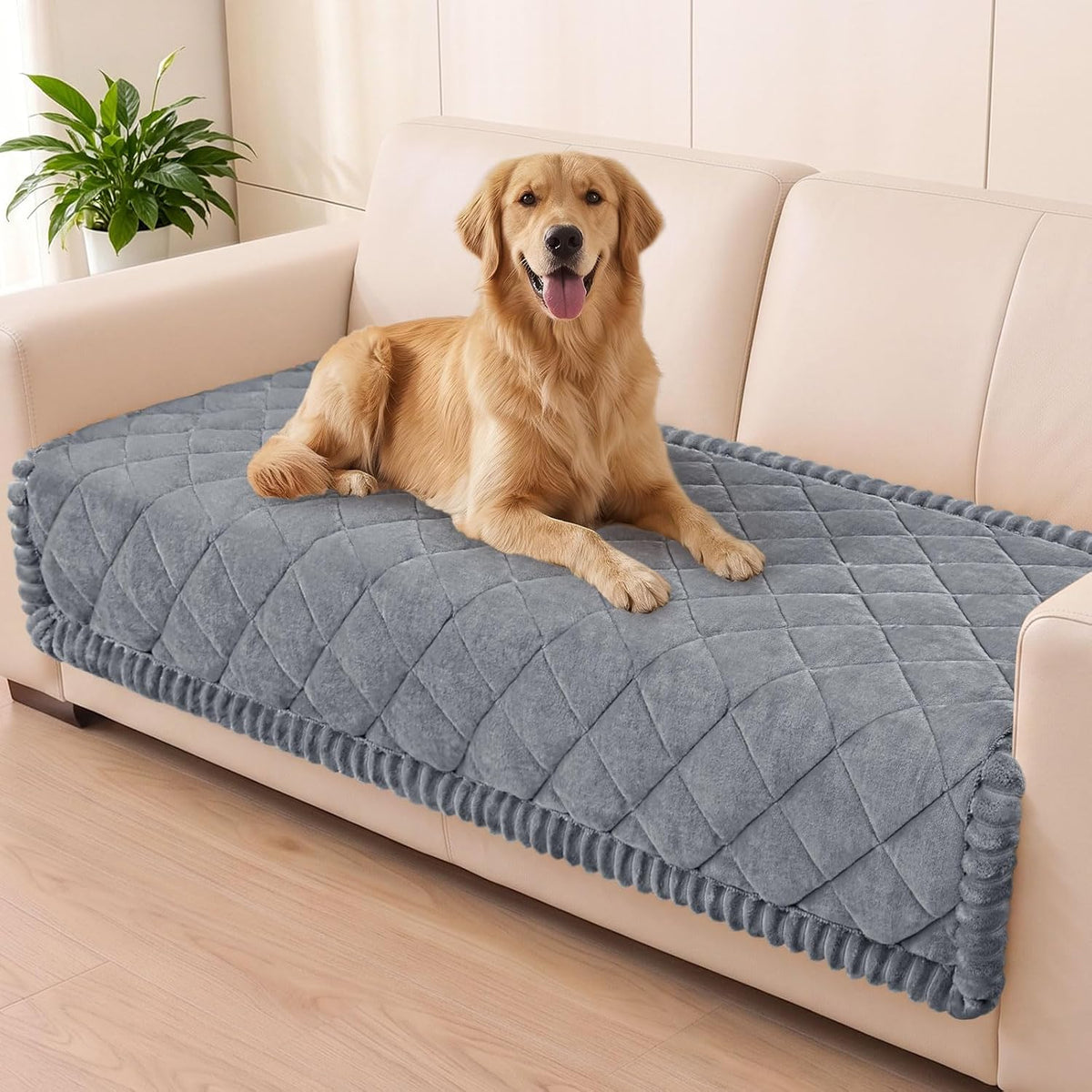 Non Slip Couch Cover for Dogs, Fuzzy Plush Pet Sofa Protector | Washable Furniture Cover for Large Dogs & Cats, Scratch & Dirt Resistant, For 2 Cushion Couch, Grey, 27.6"x59"