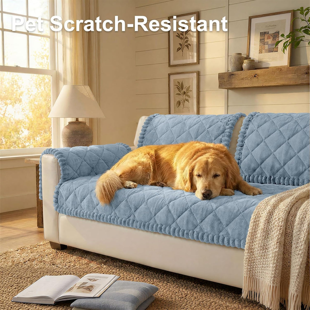 Non Slip Couch Cover for Dogs, Fuzzy Plush Pet Sofa Protector | Washable Furniture Cover for Large Dogs & Cats, Scratch & Dirt Resistant, For 2 Cushion Couch, Grey, 27.6"x59"