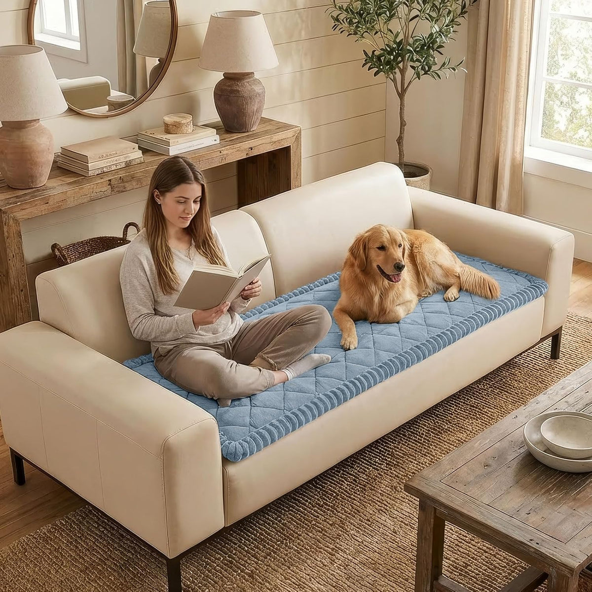 Non Slip Couch Cover for Dogs, Fuzzy Plush Pet Sofa Protector | Washable Furniture Cover for Large Dogs & Cats, Scratch & Dirt Resistant, For 2 Cushion Couch, Grey, 27.6"x59"