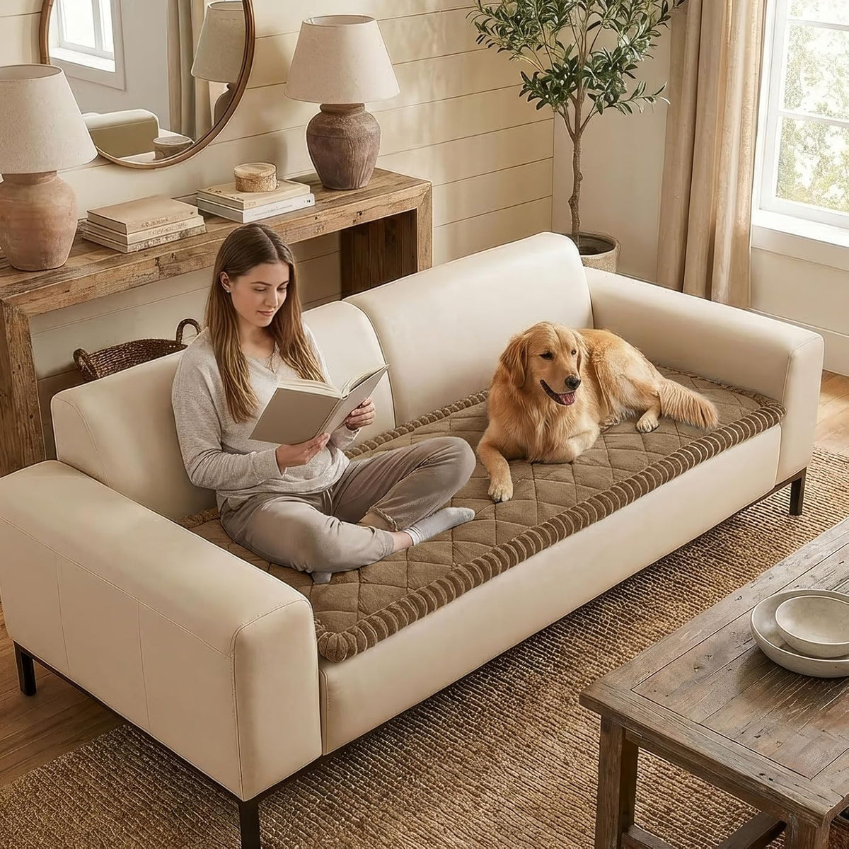 Non Slip Couch Cover for Dogs, Fuzzy Plush Pet Sofa Protector | Washable Furniture Cover for Large Dogs & Cats, Scratch & Dirt Resistant, For 2 Cushion Couch, Grey, 27.6"x59"