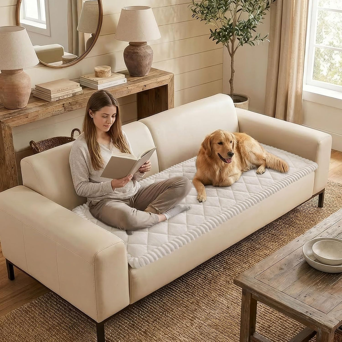 Non Slip Couch Cover for Dogs, Fuzzy Plush Pet Sofa Protector | Washable Furniture Cover for Large Dogs & Cats, Scratch & Dirt Resistant, For 2 Cushion Couch, Grey, 27.6"x59"