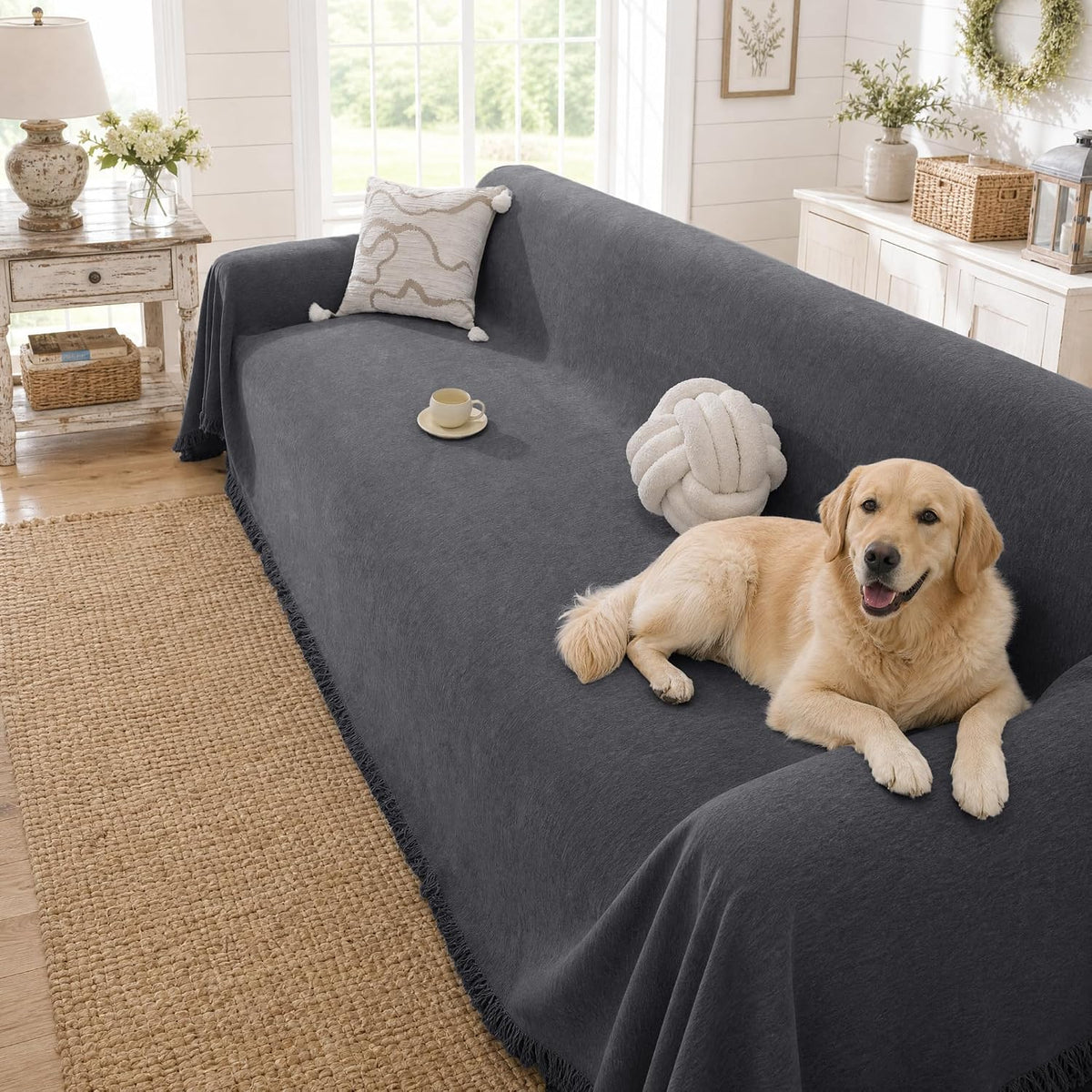 Chenille Couch Cover for Dogs Washable Boho Throw Blanket Washable
