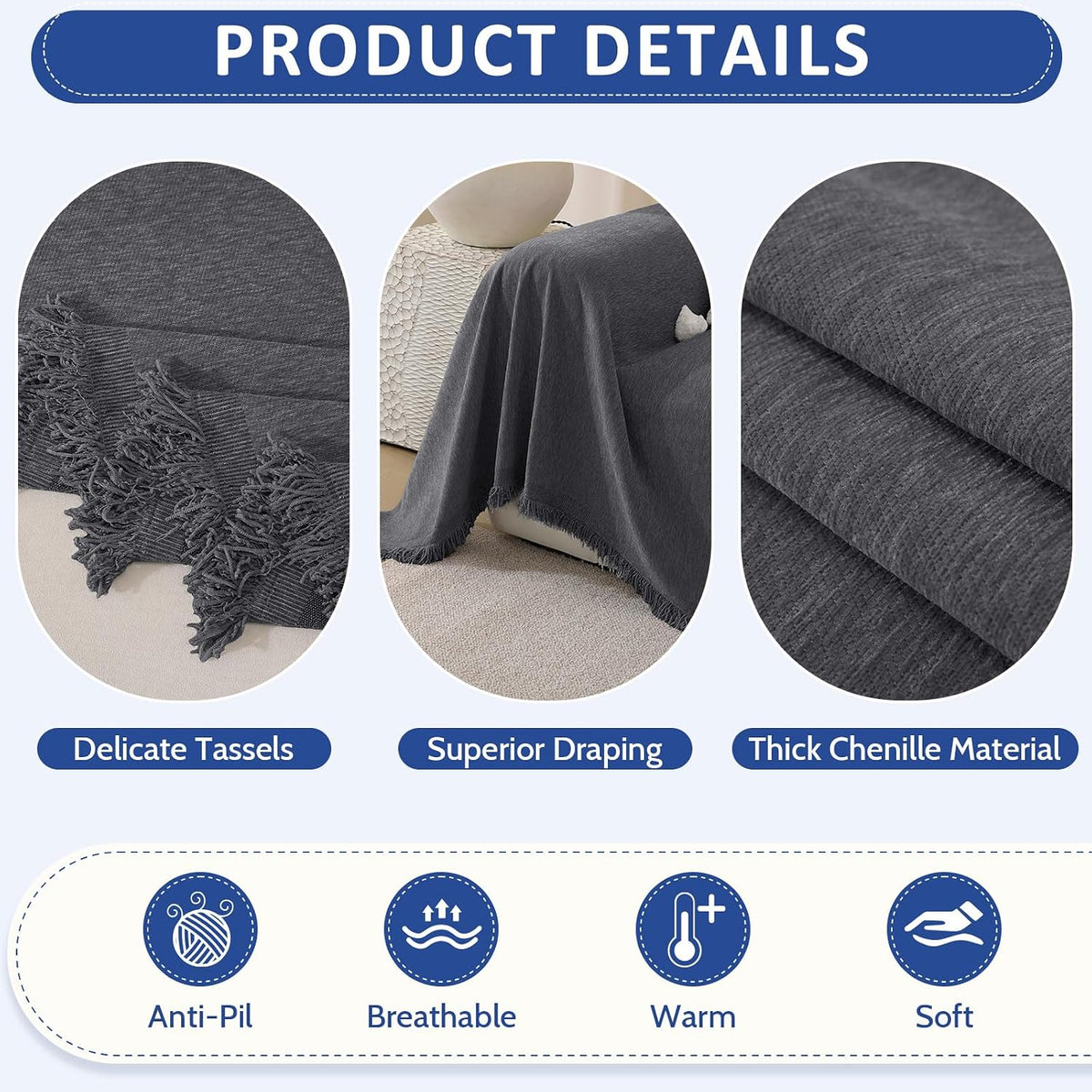 Chenille Couch Cover for Dogs Washable Boho Throw Blanket Washable