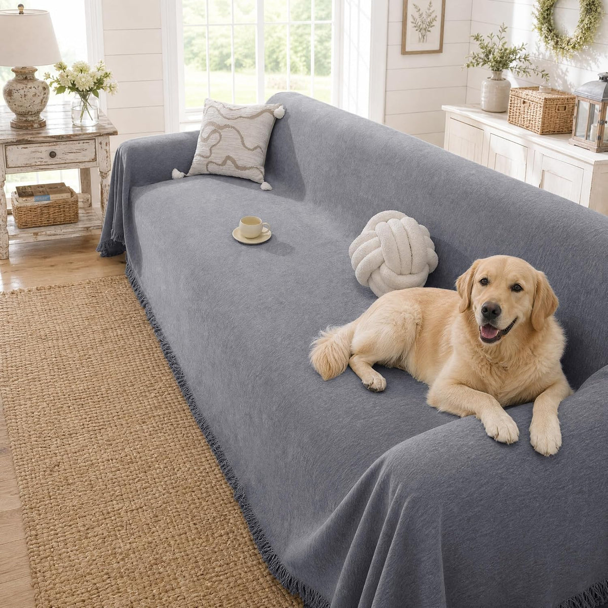 Chenille Couch Cover for Dogs Washable Boho Throw Blanket Washable