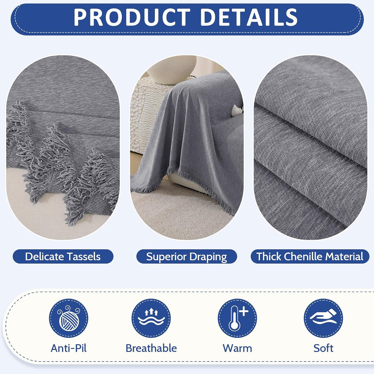 Chenille Couch Cover for Dogs Washable Boho Throw Blanket Washable
