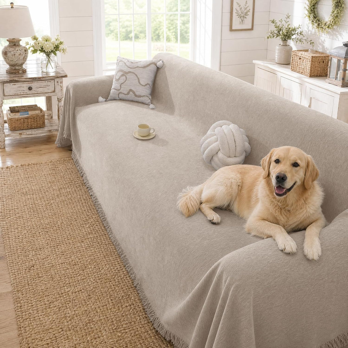Chenille Couch Cover for Dogs Washable Boho Throw Blanket Washable