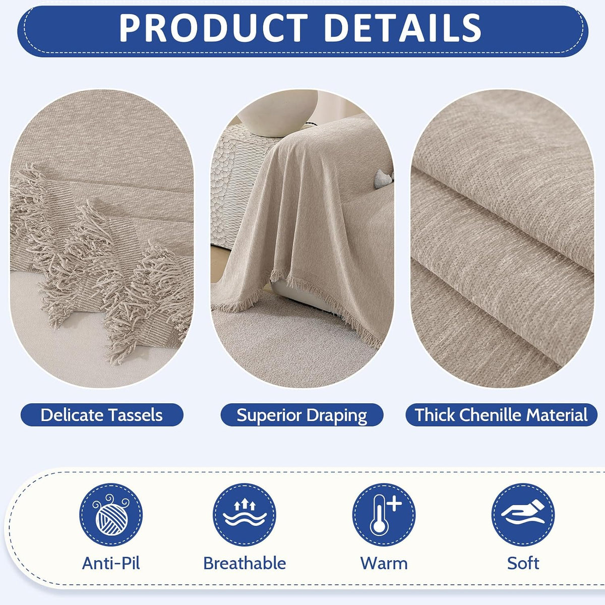 Chenille Couch Cover for Dogs Washable Boho Throw Blanket Washable