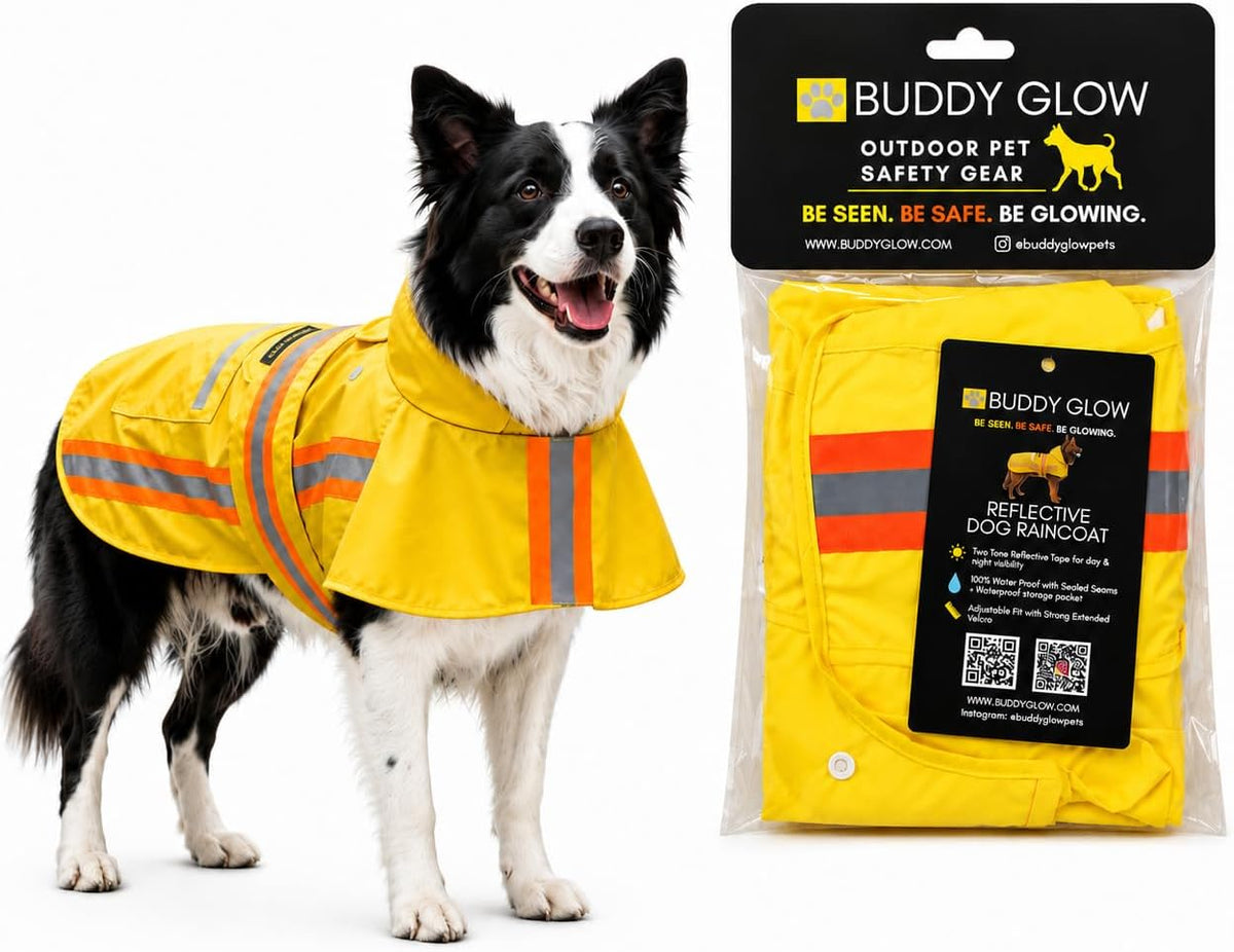 Waterproof Dog Raincoat with Two-Tone Reflective Trim, Windproof Seam-Sealed Full-Body Rain Jacket Dry Suit for XSmall to Large Dogs – Yellow (Medium)
