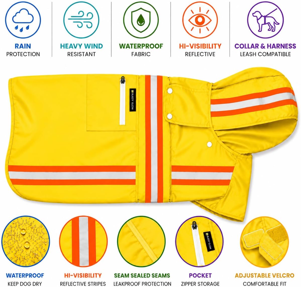 Waterproof Dog Raincoat with Two-Tone Reflective Trim, Windproof Seam-Sealed Full-Body Rain Jacket Dry Suit for XSmall to Large Dogs – Yellow (Medium)
