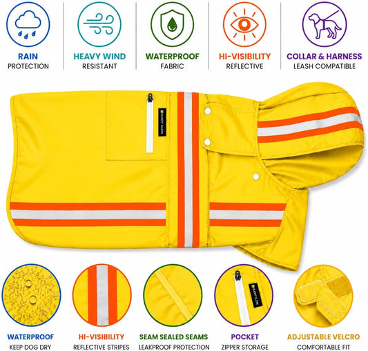 Waterproof Dog Raincoat with Two-Tone Reflective Trim, Windproof Seam-Sealed Full-Body Rain Jacket Dry Suit for XSmall to Large Dogs – Yellow (Medium)