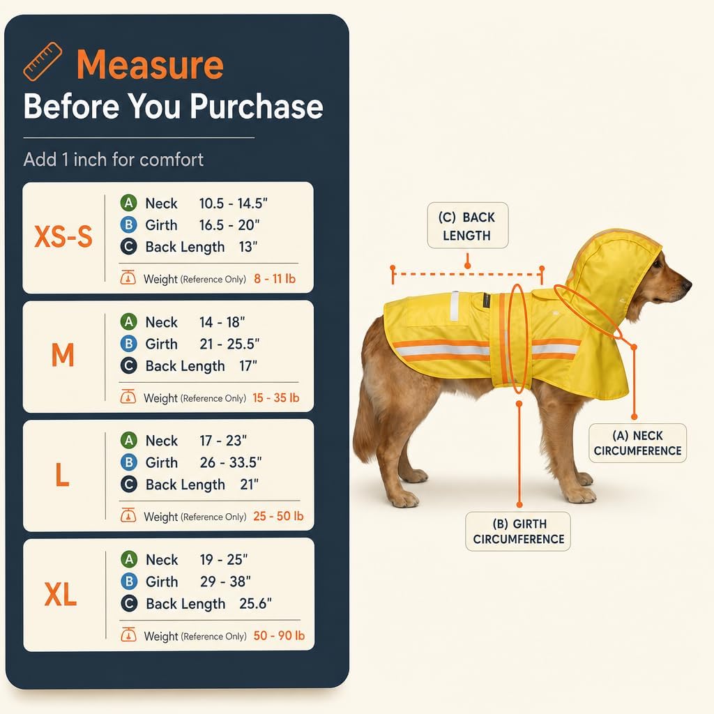 Waterproof Dog Raincoat with Two-Tone Reflective Trim, Windproof Seam-Sealed Full-Body Rain Jacket Dry Suit for XSmall to Large Dogs – Yellow (Medium)