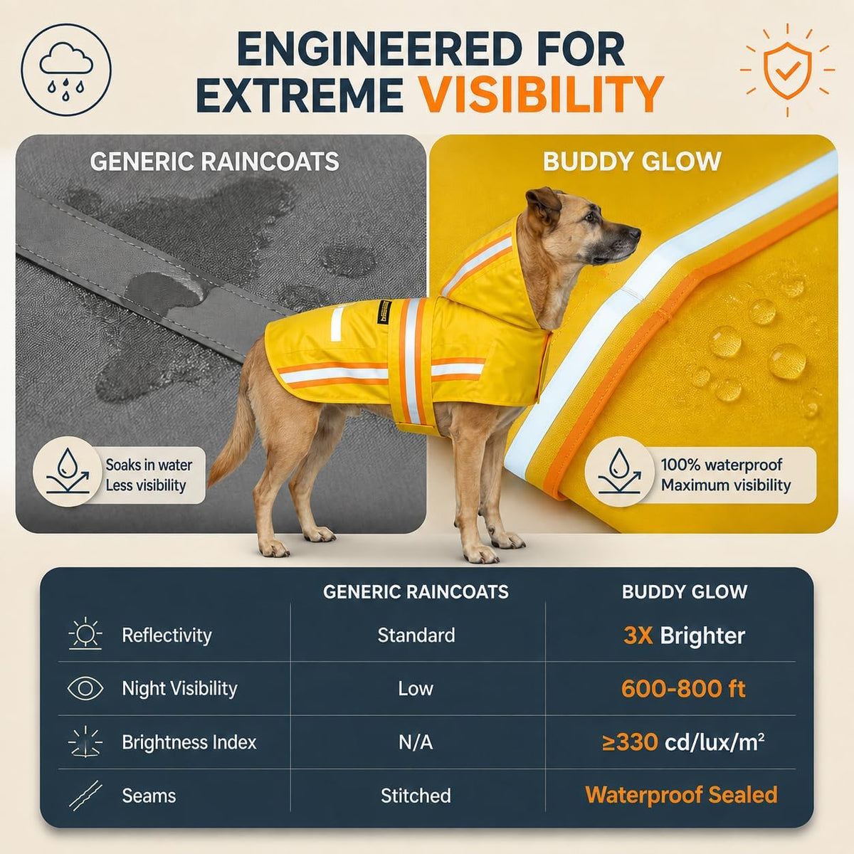 Waterproof Dog Raincoat with Two-Tone Reflective Trim, Windproof Seam-Sealed Full-Body Rain Jacket Dry Suit for XSmall to Large Dogs – Yellow (Medium)