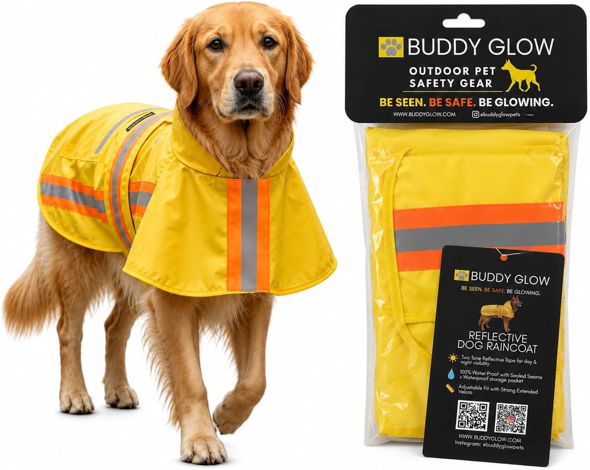 Waterproof Dog Raincoat with Two-Tone Reflective Trim, Windproof Seam-Sealed Full-Body Rain Jacket Dry Suit for XSmall to Large Dogs – Yellow (Medium)