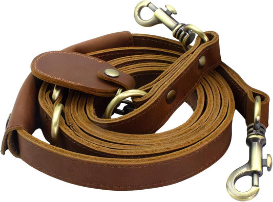 Heavy Duty Leather Dog Leash, Genuine Leather Dog Leash with Padded Handle & Tracker Holder, Durable Lead for Small Medium Large Dogs Walking Running Hiking, Brown